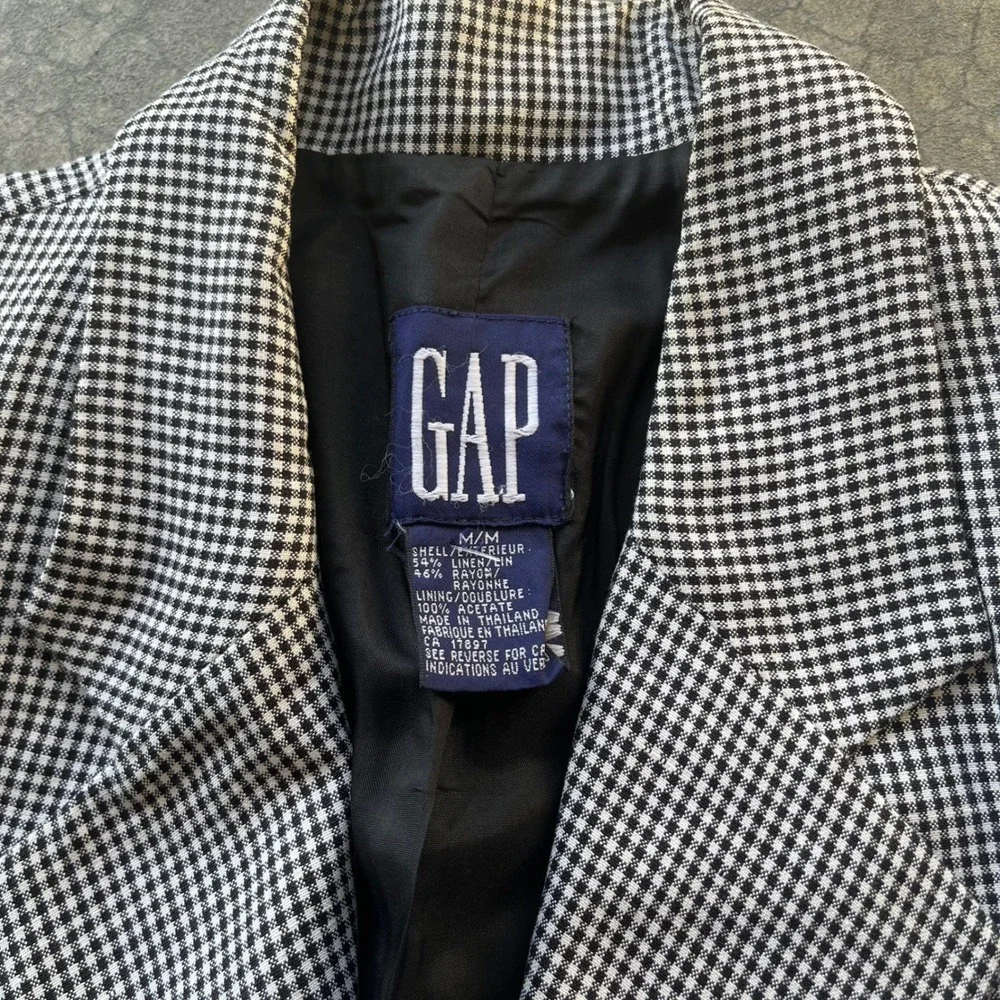 Gap Vintage Gingham Blazer Black White Linen Blend Jacket Mens Medium 3 Button